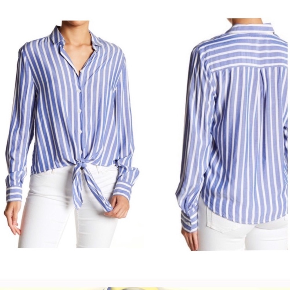 Striped button up tie front blouse